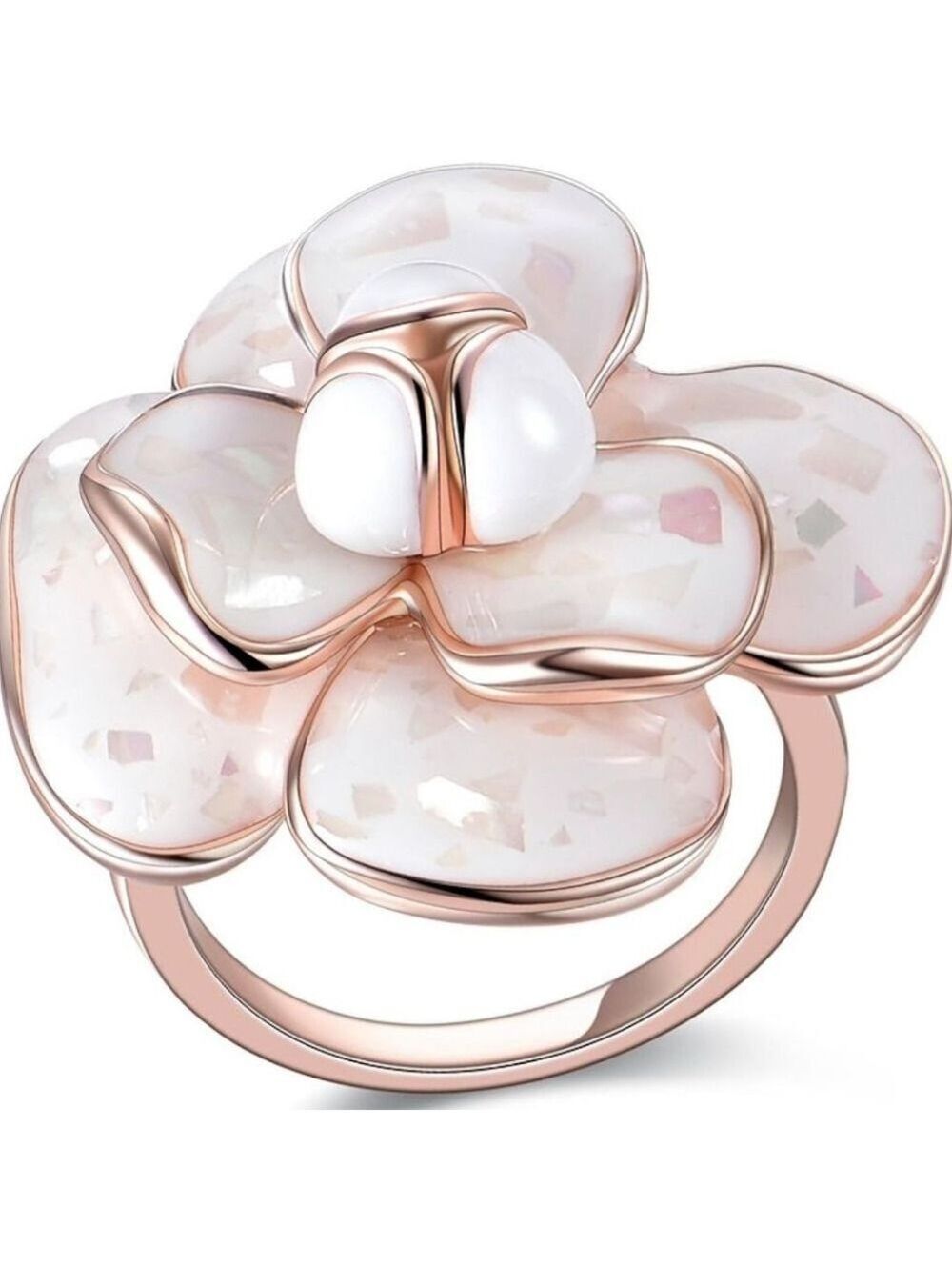 Blooming Flower Statement Ring with Rose Gold Finish and Enamel Petals